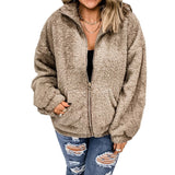 Women Zip Jacket Long Sleeves Lapel Collar Solid Color Warm Thicken Woolen Coat