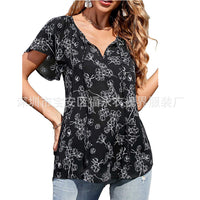 Capreze Women Boho Floral Shirt Tops Ladies Ruffle V Neck Basic Tee Tunic Blouse Summer Flowy T-Shirt Size S-2XL