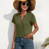 Women Solid Short Sleeve T-Shirt Summer V Neck Blouse Button Tops Casual Pullover Tunic