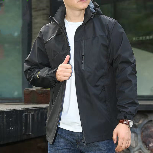 Men Solid Color Windproof Waterproof Jacket Outdoor Lapel Neck Windbreaker Coat
