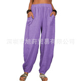 Women Solid Color Loose Cotton Linen Casual Pants Wide Leg Trouser with Pockets