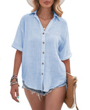 Women Loose Solid Color Tee Shirt Ladies Basic T-shirt Short Sleeve Vacation Roll Casual Blouse