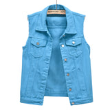 Women's Sleeveless Lapel Denim Vest Button Up Coat Jacket with Two Chest Pockets