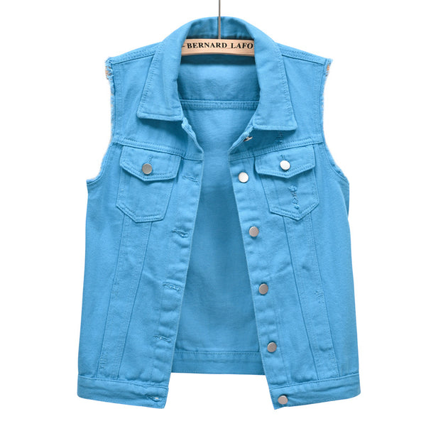 Women's Sleeveless Lapel Denim Vest Button Up Coat Jacket with Two Chest Pockets
