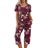 Women Floral Pajama Set Sleepwear Tops with Capri Pants Outfits Ladies Summer Comfy Sleep Nightshirt PJS Set