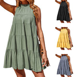 Women Summer Dress Solid Color Casual Loose Tunic Dress Sleeveless Tank Dress