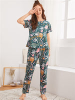 Women Short Sleeve Tops+Pants Round Neck Loungewear Sleepwear Outfit Graphic Print Pajama Set