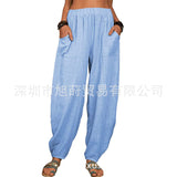 Women Solid Color Loose Cotton Linen Casual Pants Wide Leg Trouser with Pockets