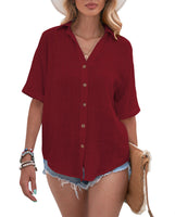 Women Loose Solid Color Tee Shirt Ladies Basic T-shirt Short Sleeve Vacation Roll Casual Blouse