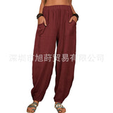 Women Solid Color Loose Cotton Linen Casual Pants Wide Leg Trouser with Pockets