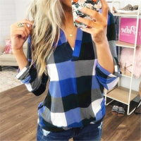 Plus Size Women Casual Long Sleeve Plaid Check T Shirt Ladies V Neck Tops Blouse