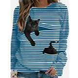 Women 3D Animal Patterns Stripes Design Long Sleeve T-shirt Crew Neck Loose Tops