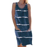 Women Striped Beach Slip Skirt Knee Length Sleeveless Round Neck Dress Plus Size