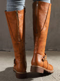 Women PU Leather Buckle Strap Design Boots Chunky Heel Zipper Casual Comfy Biking Boots