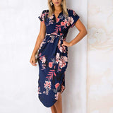 Women Casual Short Sleeve Midi Dress Ladies V-Neck Shirt Dress Sundress Lace Up