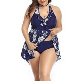Women Plus Size Floral Swimdress Swimming Costumes Two Piece Swimwear Swimsuit for Ladies, Halterneck Bathing Suit Beachwear Push Up Padded Bra Backless Tummy Control