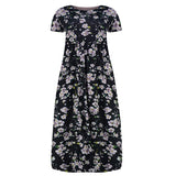 Womens Floral Printed Crew Neck Maxi Dresses Short Sleeves Plus Size Swing Dress