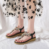 Women's Flat Sandals T-Strap Boho Style Rhinestone Flower Bead Summer Sandals