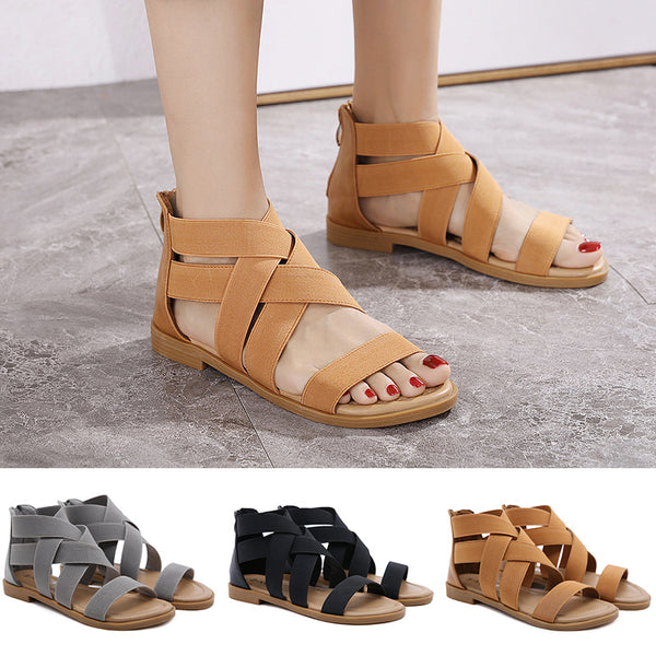 Women Summer Flat Sandals Gladiator Elastic Straps Open Toe Back Zip Beach Shoes