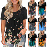 Women Lace Printing Crew-Neck Short Sleeve T-Shirt Casual Blouse Pullover