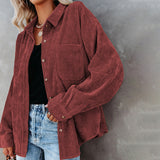 Women's Solid Color Lapel Long Corduroy Sleeve T-Shirt Pullover Blouse Tops Tee