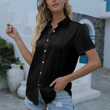 Women's Casual Solid Color Lapel Short Sleeve Shirt Loose Casual Cardigan Tops