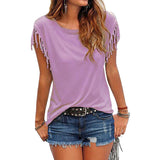 Plus Size Women Summer Short Sleeve Tassel Casual Tops Blouses Solid T-Shirt Bodycon Scoop Neck Shirt