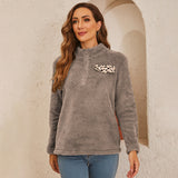 Women Winter Sweater Shirt Stand Collar Zipper Leopard Print Loose Long Sleeve