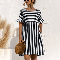 Women Fashion Skirt Striped Printed Short Sleeve Round Neck Casual Dress Ruffles