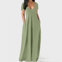 Women Solid Color Long Dress U Neck With Pockets Short Sleeve Comfortable Dress