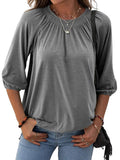 Women Solid Color Crew Neck Ruched 3/4 Sleeve Tops T-Shirt Blouse Pullover Tee