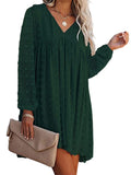 Women's Solid Color V-Neck Mini Dresses Casual Long Sleeve A-Line Dresses Ruched