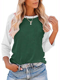 Women Color Matching Crew Neck 3/4 Sleeve T-Shirt Pullover Blouse Tops Tunic Tee