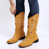 Ladies Sunflower Print Mid Calf Boots Slip On Daily Wear Chunky Heel Tall Boot