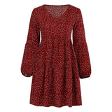 Womens Polka Dot Mini Dress Ruffled Long Sleeve V Neck Autumn A-line Loose Dress