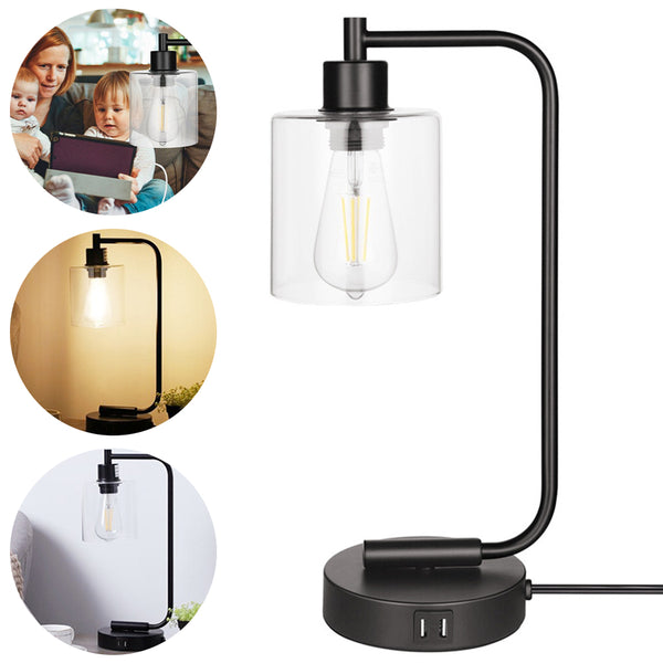 Touch Control Industrial Table Lamps Bedside Nightstand Lamps with Glass Shade, 3-Way Dimmable Reading Lamps for Bedroom Living Room with 2 USB Ports