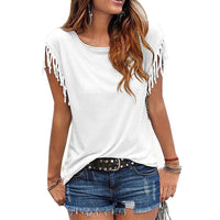 Plus Size Women Summer Short Sleeve Tassel Casual Tops Blouses Solid T-Shirt Bodycon Scoop Neck Shirt