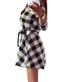 Women's Plaid Check V-Neck Long Sleeve A-Line Mini Dress Lace Up Casual Dresses