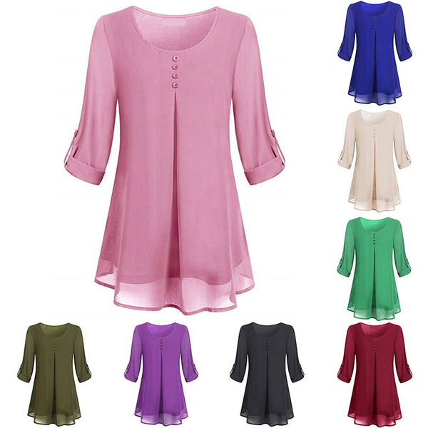 Women's Adjusted 3/4 Sleeve Crew-Neck Chiffon Shirt Casual Loose Pullover Blouse