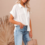 Women Short Sleeve Solid Color T-Shirt Blouse Lapel Buttons Casual Pullover