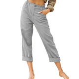Women Ladies Solid Cotton Linen Pants Pocket Button Loose Ladies Casual Trousers