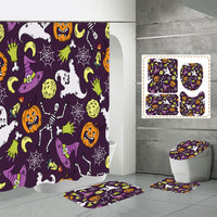 4 Pcs Halloween Decor Shower Curtain Set with Non-Slip Bath Mat, Toilet Pedestal Rugs and Toilet Lid Cover, Waterproof Bat Ghost Shower Curtains with 12 Hooks