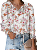 Women's Floral Print V Neck Loose Fit Long Lantern Sleeve T Shirts Pullover Tops