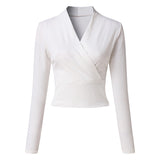 Women's Solid Color V Neck T-shirt Autumn Long Sleeve Pullover Knitted Slim Tops