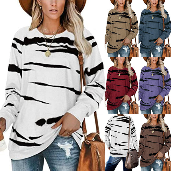 Women's Zebra Print Scoop Neck Casual Long Sleeve Loose T-Shirt Pullover Blouse