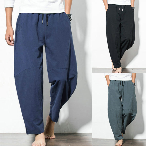 Men Cotton Linen Harem Trousers Casual Drawstring Baggy Loose Jogger Long Pants