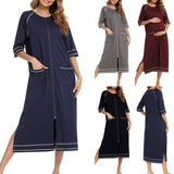 Lumento Women Pajamas Zipper Front Nightgown Full Length Lounge Dress with Pockets