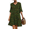Ladies V-neck Flared Short Sleeves Cake Splicing Color Printed Casual Midi Dress