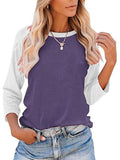 Women Color Matching Crew Neck 3/4 Sleeve T-Shirt Pullover Blouse Tops Tunic Tee
