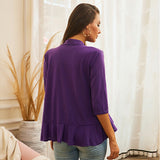 Women's Solid Color Ruffle Edge Midi Sleeve Cardigan Fashionable Commuting Tops